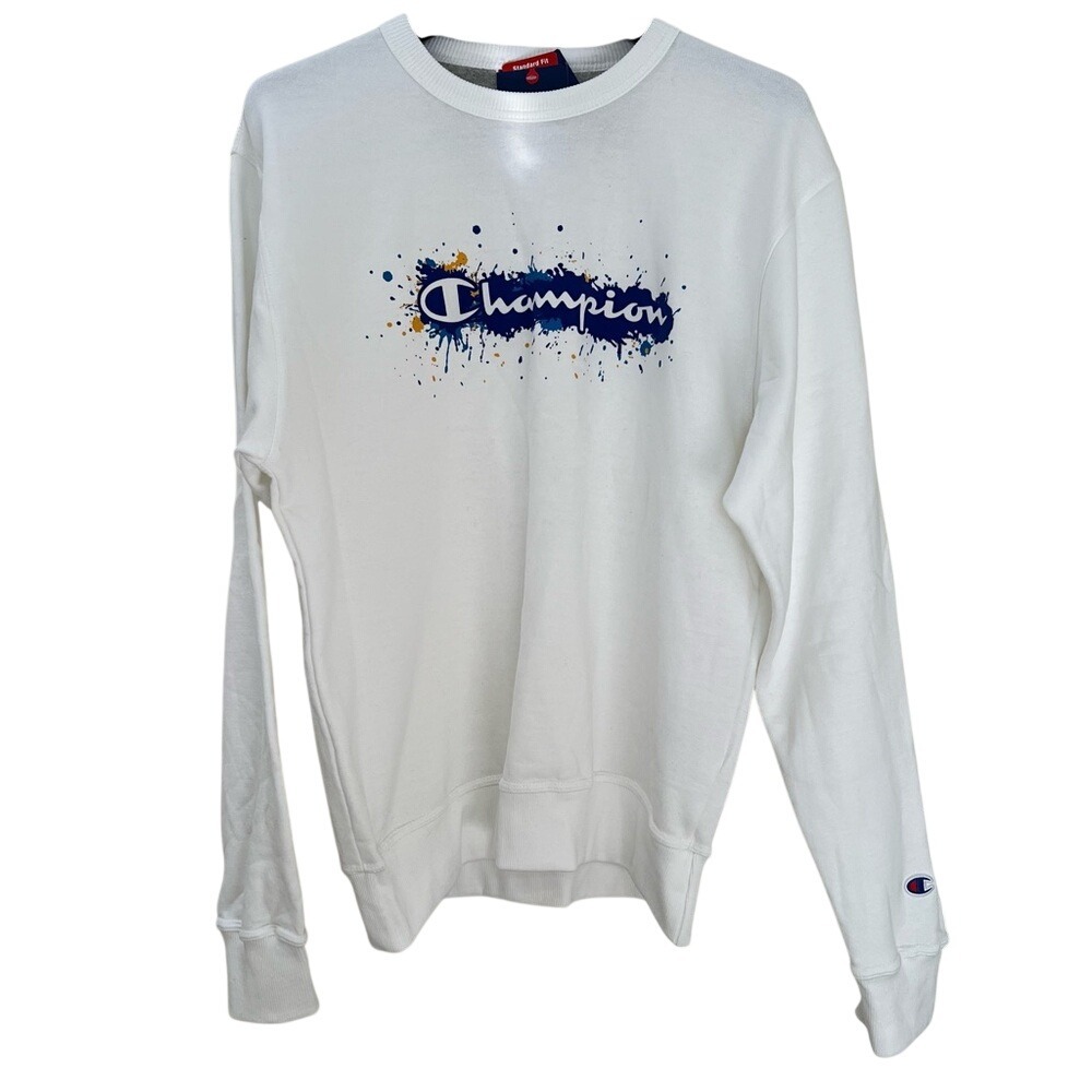 New! Champion Women's White And Blue Classic Crewneck‎ Sweatshirt - Medium